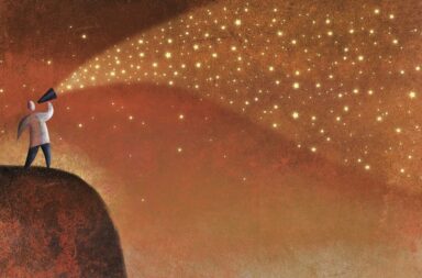 Ilustração de Roberto Weigand mostrando uma figura humana num monte que projeta estrelas douradas através de um megafone, simbolizando o poder da palavra.