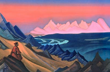 Pintura de Nicholas Roerich mostrando uma figura sentada numa montanha a contemplar picos nevados iluminados por um pôr do sol rosa e laranja, simbolizando a palavra dos mestres.