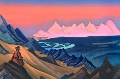 Pintura de Nicholas Roerich mostrando uma figura sentada numa montanha a contemplar picos nevados iluminados por um pôr do sol rosa e laranja, simbolizando a palavra dos mestres.