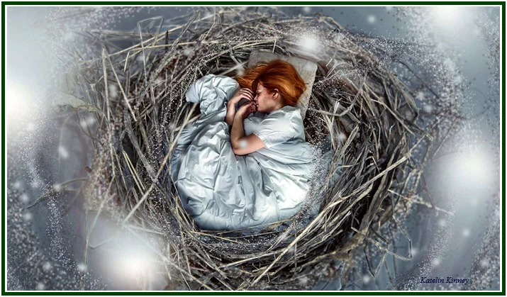 Digital artwork by Katelin Kinney showing a red-haired woman sleeping peacefully in a fetal position inside a large bird's nest made of dry branches and twigs, covered with a white blanket and resting her head on a small pillow, surrounded by soft glowing lights and a winter atmosphere.