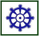 A blue Dharmachakra wheel, also known as the wheel of dharma with eight spokes, representing eastern spiritual laws in contrast to the destiny of the Roman Church, enclosed in a thin dark green square border on a white background.