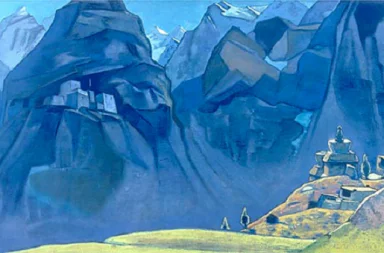 Pintura de Nicholas Roerich em tons de azul e violeta exibindo imensas montanhas escarpadas e picos nevados dos Himalaias com construções tradicionais tibetanas e uma estupa numa encosta ao pôr do sol, ilustrando a carta do Mahatma sobre a sinceridade.