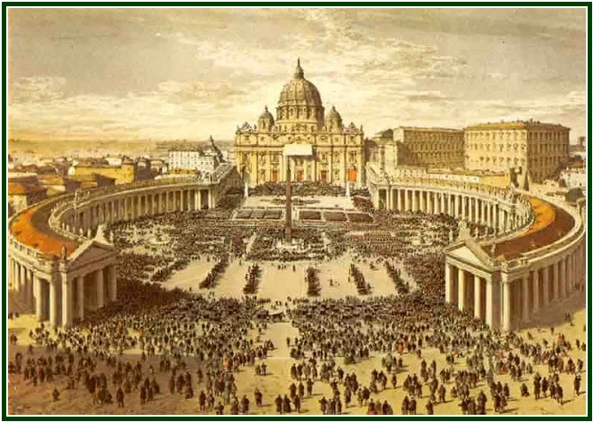 Historical vintage illustration of St. Peter's Square in the Vatican, showing the massive architecture of the Roman Church with its central obelisk, curved colonnades, and St. Peter's Basilica dome, surrounded by a large crowd of people.
