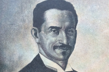 Retrato do filósofo Farias Brito de casaco escuro e colarinho branco, associado ao ensaio sobre o conhecimento.