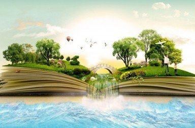 Ilustração surrealista de um grande livro aberto de onde brota uma paisagem natural com árvores, riacho e uma ponte, simbolizando o livro da vida.