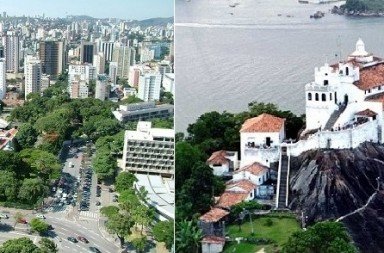 Composição mostrando à esquerda uma vista aérea urbana da cidade de Belo Horizonte e à direita o Convento da Penha em Vila Velha sobre a rocha, ilustrando a dimensão espiritual das cidades.