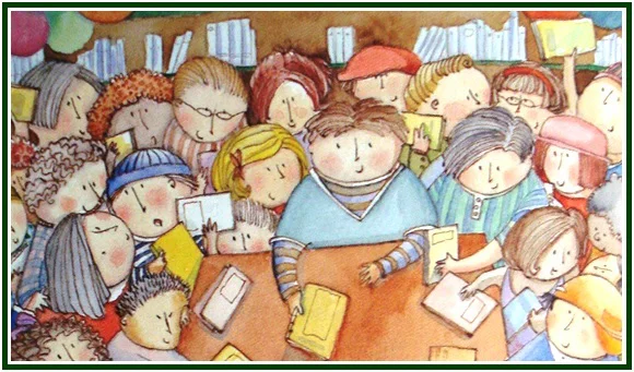 Desenho de uma multidão de crianças e adultos felizes ao redor de uma mesa com livros numa biblioteca, ilustrando o despertar da leitura.