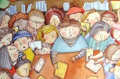 Desenho de uma multidão de crianças e adultos felizes ao redor de uma mesa com livros numa biblioteca, ilustrando o despertar da leitura.