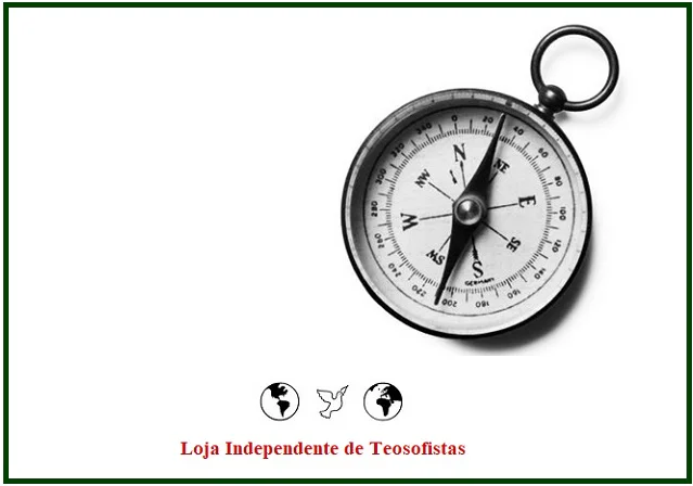 Bússola metálica antiga de bolso a preto e branco sobre fundo branco, com o logótipo e texto da Loja Independente de Teosofistas na parte inferior, simbolizando o despertar da vontade.