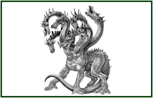 Desenho detalhado em estilo gravura a preto e branco da Hidra de Lerna, a criatura mitológica grega com múltiplas cabeças de serpente espinhosas unidas a um corpo robusto com cauda e garras, emoldurada por uma linha verde fina e simbolizando o paradoxo espiritual.