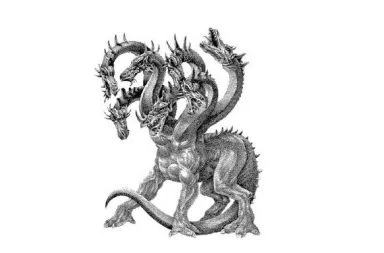 Desenho detalhado em estilo gravura a preto e branco da Hidra de Lerna, a criatura mitológica grega com múltiplas cabeças de serpente espinhosas unidas a um corpo robusto com cauda e garras, emoldurada por uma linha verde fina e simbolizando o paradoxo espiritual.