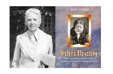 Retrato a preto e branco de Anita Atkins à esquerda, ao lado da capa do livro de biografia de Helena Blavatsky por Sylvia Cranston (pseudónimo literário de Anita Atkins).