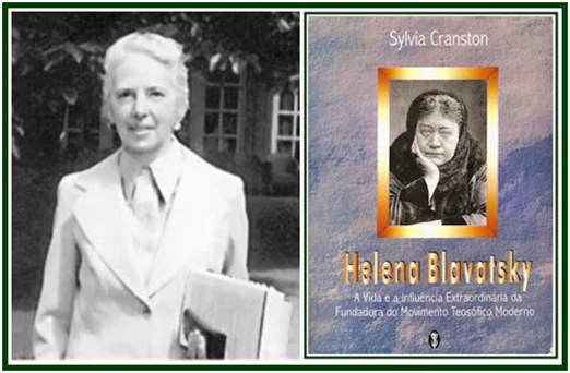 Retrato a preto e branco de Anita Atkins à esquerda, ao lado da capa do livro de biografia de Helena Blavatsky por Sylvia Cranston (pseudónimo literário de Anita Atkins).