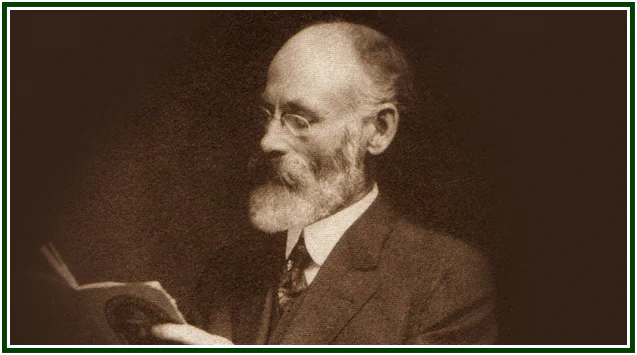 Historical sepia portrait of Robert Crosbie with a white beard and glasses, looking down while reading a small open book.