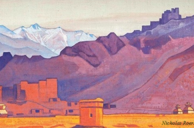 Pintura de Nicholas Roerich com montanhas em tons de roxo e picos nevados ao fundo, habitações e com o mosteiro de Leh em Ladak, ilustrando trechos das Cartas dos Mahatmas.
