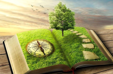 Ilustração surrealista de um grande livro aberto com um gramado verde nas páginas, uma bússola dourada à esquerda, uma árvore ao centro e um caminho de pedras à direita, simbolizando a pedagogia teosófica.