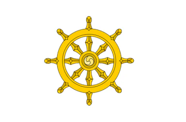 Ilustração vetorial da Roda do Dharma dourada com oito raios e um símbolo central triskelion, representando as leis espirituais que guiam a arte de viver.