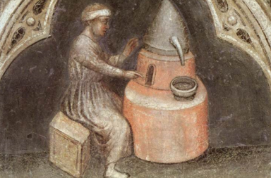 Pintura mural ou iluminura medieval, de estilo renascentista inicial, retratando um alquimista ou boticário sentado de perfil numa caixa de madeira, operando um forno de destilação ou atanor de terracota. A figura veste uma túnica cinzenta clara e uma fita branca na cabeça, estendendo a mão em direção a uma abertura no forno cilíndrico, que possui uma cúpula cónica cinzenta com um bico de escoamento. Um pequeno almofariz ou recipiente repousa sobre a estrutura, estando toda a cena emoldurada por um arco arquitetónico gótico esculpido em pedra. Use o código com cuidado.Este texto descreve com exatidão a dimensão histórica da imagem e está pronto para ser colado diretamente no atributo alt do WordPress, reforçando a semântica da página.Qual é o próximo artigo ou ideias em bruto que deseja otimizar sob o protocolo técnico?As respostas de IA podem incluir erros. Saiba mais
