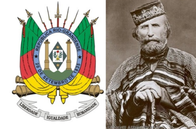 Imagem composta exibindo, à esquerda, o brasão de armas oficial do Rio Grande do Sul (República Rio-Grandense) com lanças, bandeiras tricolores e canhões sob o lema Liberdade, Igualdade, Humanidade; à direita, o retrato fotográfico histórico a preto e branco de Giuseppe Garibaldi com barba, chapéu bordado e poncho tradicional gaúcho.