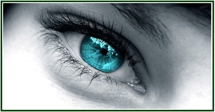Fotografia artística macro e em plano aproximado de um olho humano com uma íris azul-turquesa brilhante e cílios longos e pretos em destaque, editada em tons suaves de cinzento e enquadrada por uma fina moldura verde, ilustrando a perceção da beleza.