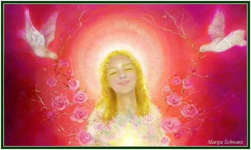 Pintura espiritual de Marija Schwarz para o artigo sobre a sabedoria dos poetas, mostrando uma figura feminina de cabelos loiros com olhos fechados e expressão serena, envolta numa aura de luz dourada. À sua volta, ramos com rosas cor-de-rosa erguem-se simetricamente em direção a duas pombas brancas em voo, contra um fundo místico em tons de vermelho e rosa.