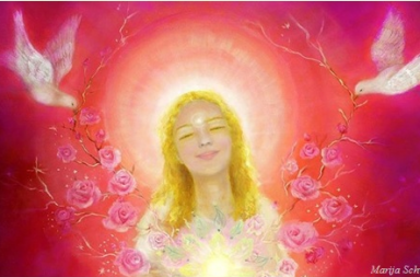 Pintura espiritual de Marija Schwarz para o artigo sobre a sabedoria dos poetas, mostrando uma figura feminina de cabelos loiros com olhos fechados e expressão serena, envolta numa aura de luz dourada. À sua volta, ramos com rosas cor-de-rosa erguem-se simetricamente em direção a duas pombas brancas em voo, contra um fundo místico em tons de vermelho e rosa.
