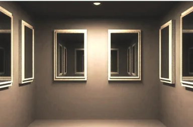Ilustração tridimensional para o artigo focado no movimento teosófico, retratando o interior de uma sala fechada e simétrica com paredes cinzentas iluminadas por uma lâmpada no teto. Vários espelhos retangulares com molduras brancas estão dispostos nas paredes opostas, criando um efeito visual de reflexão infinita nos seus interiores.
