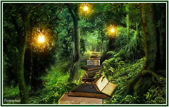 Artistic illustration of a dense green forest at night with a stack of old books and glowing golden lanterns for information.