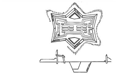 Desenho esquemático em linhas pretas da planta de uma fortificação militar em forma de estrela histórica no Rio Grande.