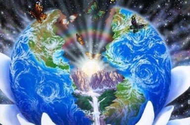 Planeta Terra abrindo ao meio com borboletas e luz nascendo sobre montanhas para ilustrar o olhar isento.