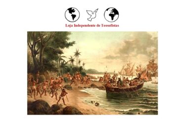 Pintura histórica do desembarque de navegadores portugueses de caravelas numa praia com indígenas, ilustrando as origens da utopia brasileira.