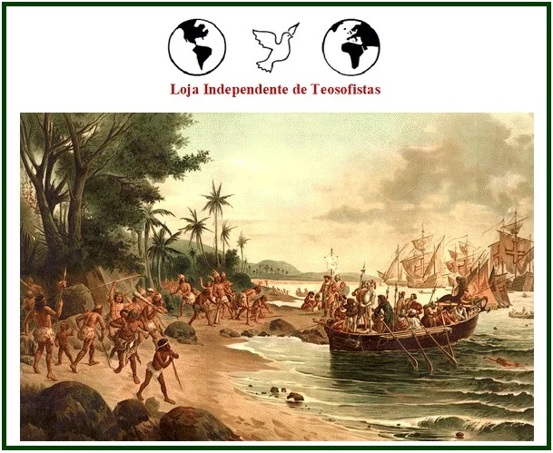 Pintura histórica do desembarque de navegadores portugueses de caravelas numa praia com indígenas, ilustrando as origens da utopia brasileira.