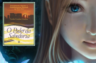Ilustração digital do rosto de uma jovem de olhos azuis e cabelos longos, ao lado da capa do livro O Poder da Sabedoria, simbolizando a busca pela vontade espiritual.