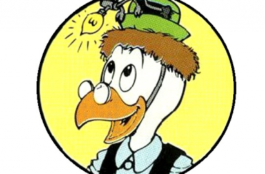 Desenho do Professor Pardal de perfil dentro de um círculo amarelo, usando óculos e um chapéu verde com um ninho e uma lâmpada acesa, ilustrando o poder do pensamento.