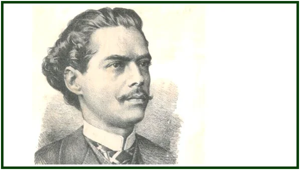 Desenho em formato de gravura a preto e branco do poeta Castro Alves, que usou os seus versos para defender a liberdade do povo.