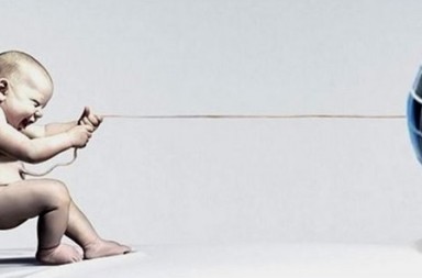 Conceptual image of a baby pulling the planet Earth through an umbilical cord, showing the strength of Independent Lodge of Theosophists.