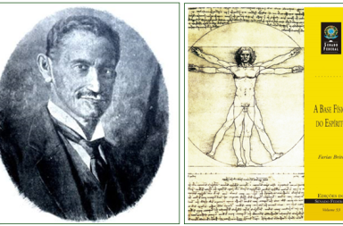 Retrato antigo do filósofo Farias Brito ao lado da capa do livro A Base Física do Espírito com o Homem Vitruviano.