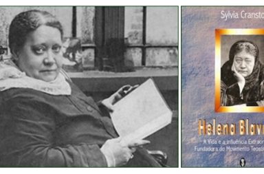 Retrato de Helena Blavatsky com um livro aberto ao lado da capa da sua biografia escrita por Sylvia Cranston.
