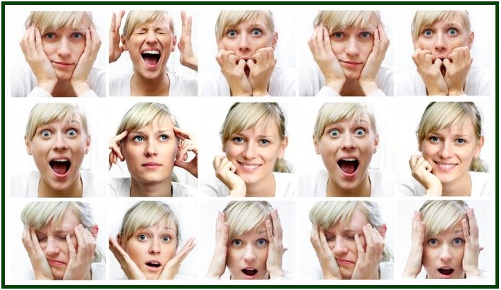 Mosaico com quinze fotografias de expressões faciais de uma mulher com cabelo loiro, exibindo diferentes emoções humanas para artigo sobre a saúde das emoções.