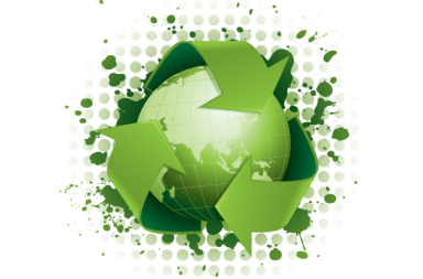 Ilustração verde do planeta Terra envolvido pelo símbolo da reciclagem e salpicos de tinta, simbolizando os ciclos de renovação e a reencarnação.