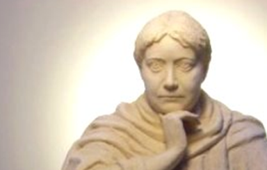 Busto em escultura de Helena P. Blavatsky com a mão no queixo e fundo iluminado, simbolizando a teosofia e o movimento teosófico.