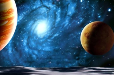Ilustração cósmica com planetas como Júpiter e Saturno orbitando em redor de uma galáxia em espiral azul, refletindo a unidade universal.