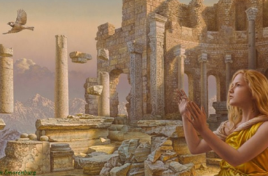Pintura mística de mulher a meditar perante ruínas antigas com colunas de pedra flutuantes e uma ave no céu, ilustrando a meditação consciente.