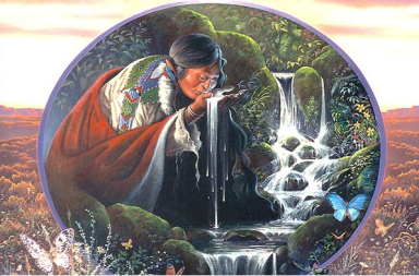 Pintura espiritual para o artigo sobre os povos indígenas, integrada numa moldura circular, que mostra uma mulher nativa americana com trajes tradicionais decorados com contas e uma manta vermelha, inclinada à beira de um riacho na floresta. Ela bebe água pura diretamente das mãos, junto a uma queda de água que corre entre rochas cobertas de musgo, rodeada por borboletas num cenário natural místico.