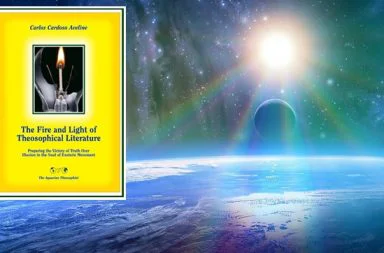 Capa del libro sobre literatura teosófica junto a un paisaje cósmico con un planeta y un sol brillante para la meditación.
