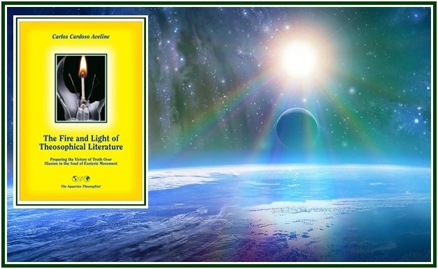 Capa del libro sobre literatura teosófica junto a un paisaje cósmico con un planeta y un sol brillante para la meditación.