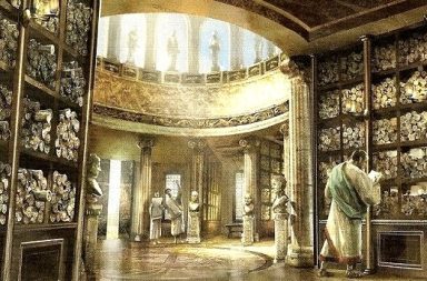 Ilustração da Biblioteca de Alexandria com prateleiras cheias de pergaminhos e filósofos antigos ilustrando texto sobre o observatório de luxor.