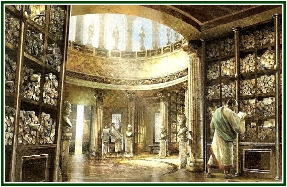 Ilustração da Biblioteca de Alexandria com prateleiras cheias de pergaminhos e filósofos antigos ilustrando texto sobre o observatório de luxor.