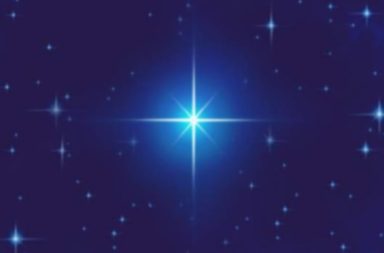 Uma grande estrela brilhante de quatro pontas que simboliza o otimismo esotérico, rodeada por estrelas menores no cosmos.