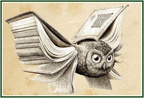 Desenho conceptual em tons de sépia para o artigo sobre teosofia original, retratando uma coruja de olhos grandes e abertos cujas asas e cauda são formadas por livros abertos com páginas folheadas e textos impressos. A ilustração artística apresenta um estilo clássico de gravação a tinta sobre um fundo de papel envelhecido com manchas de textura.